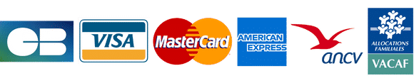 Moyens de paiement acceptés : CB, Visa, MasterCard, Amex, ANCV, Ticket Kadeos, Tir Groupé, Cadhoc